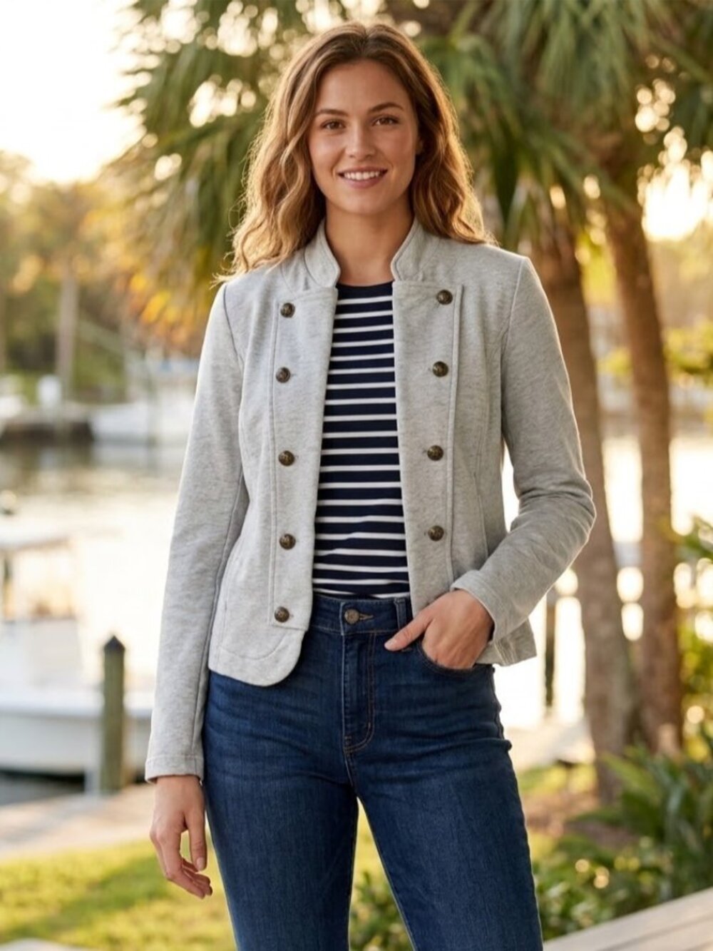 Tommy Hilfiger Womens Medium Gray Knit Military Blazer Jacket Crest Buttons M